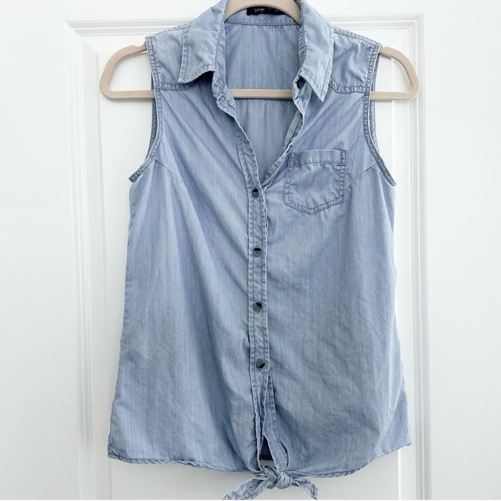 Chambray Denim Sleeveless Button Down Tie Front Shirt - Western, Country Concert